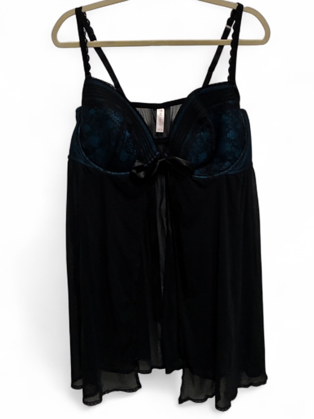 Cacique Black Tie Front Chemise with Teal Lace Cups